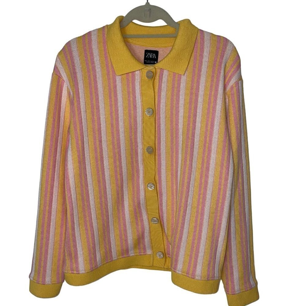 Zara Womens Cardigan Size Small Button Front Long Sleeve Yellow Pink Striped - Picture 5 of 8